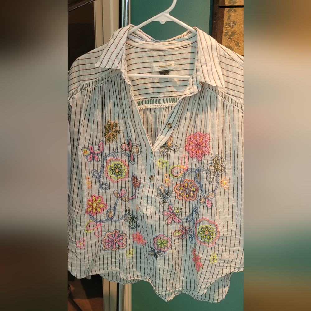 Pilcro Embroidered Shirt Button Up Striped Colorful Anthropologie Boho - Picture 2 of 3